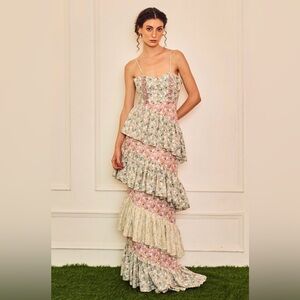 AZA Fashions Wild Lily Print Ruffle Gown By TheRealB. Size Small.